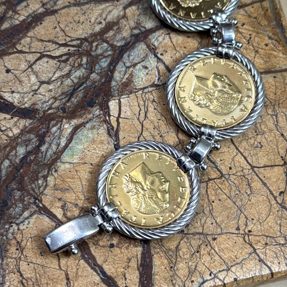 925 Sterling Silver 2-Tone Vintage 1981 Italy 20 Lire Bronzital Coin Bracelet - Picture 3 of 9